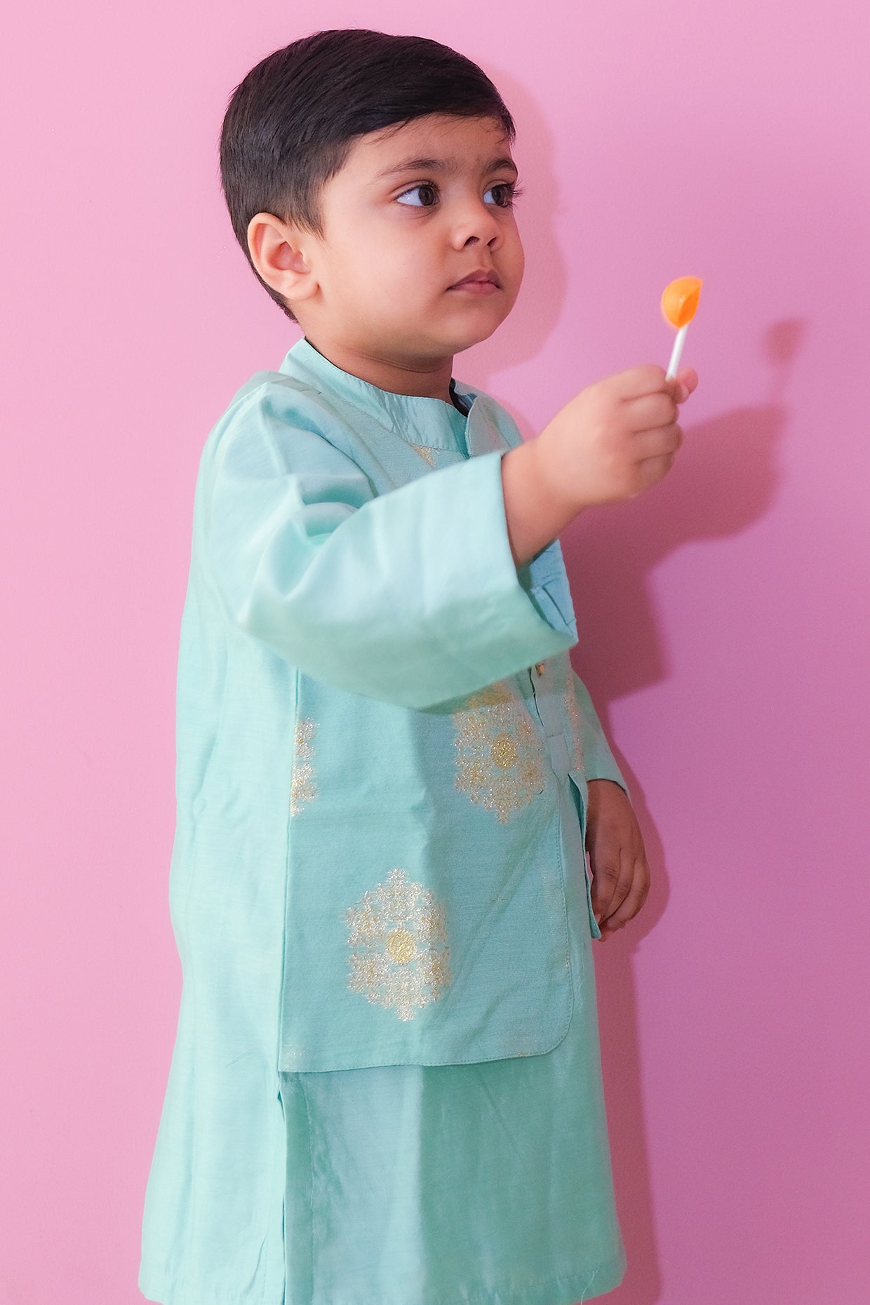 Green Chanderi Blend Embroidered Kurta Set For Boys by Pankhuri by Priyanka - Kids at Pernia's Pop Up Shop