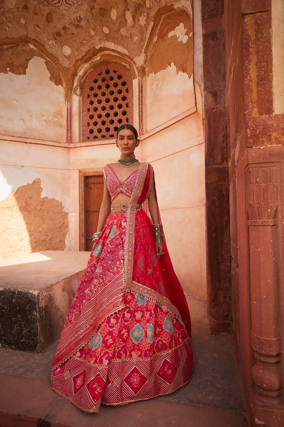 Women's Coral Banarsi Woven Lehenga Set