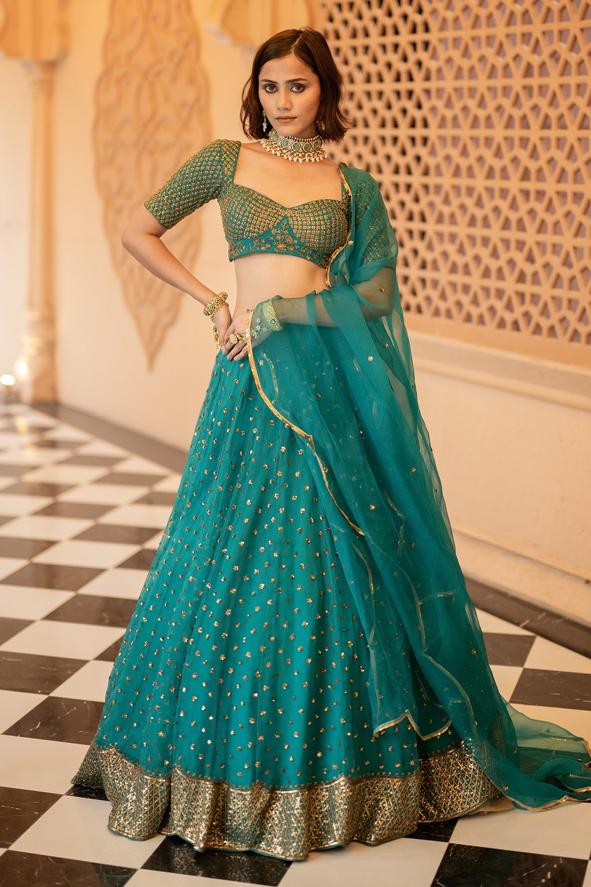 Teal green lehenga set