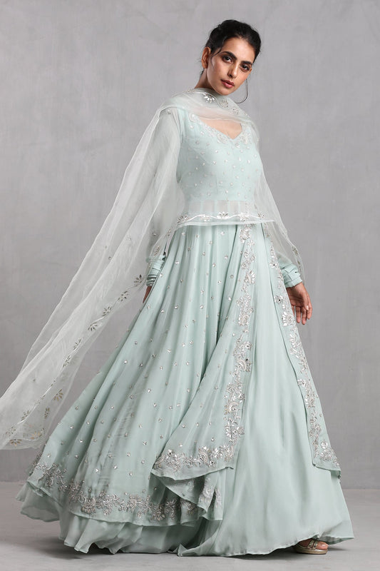 Ice Blue Embellished Anarkali Skirt Set
