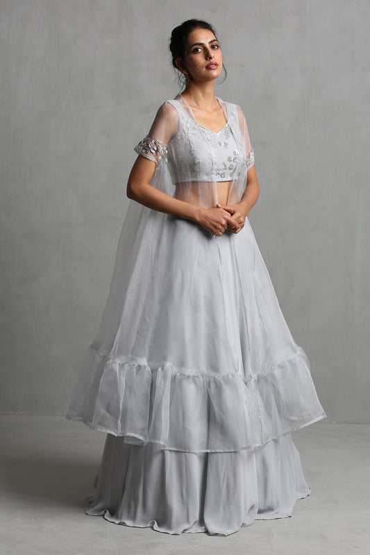 Grey Embroidered Cape Set