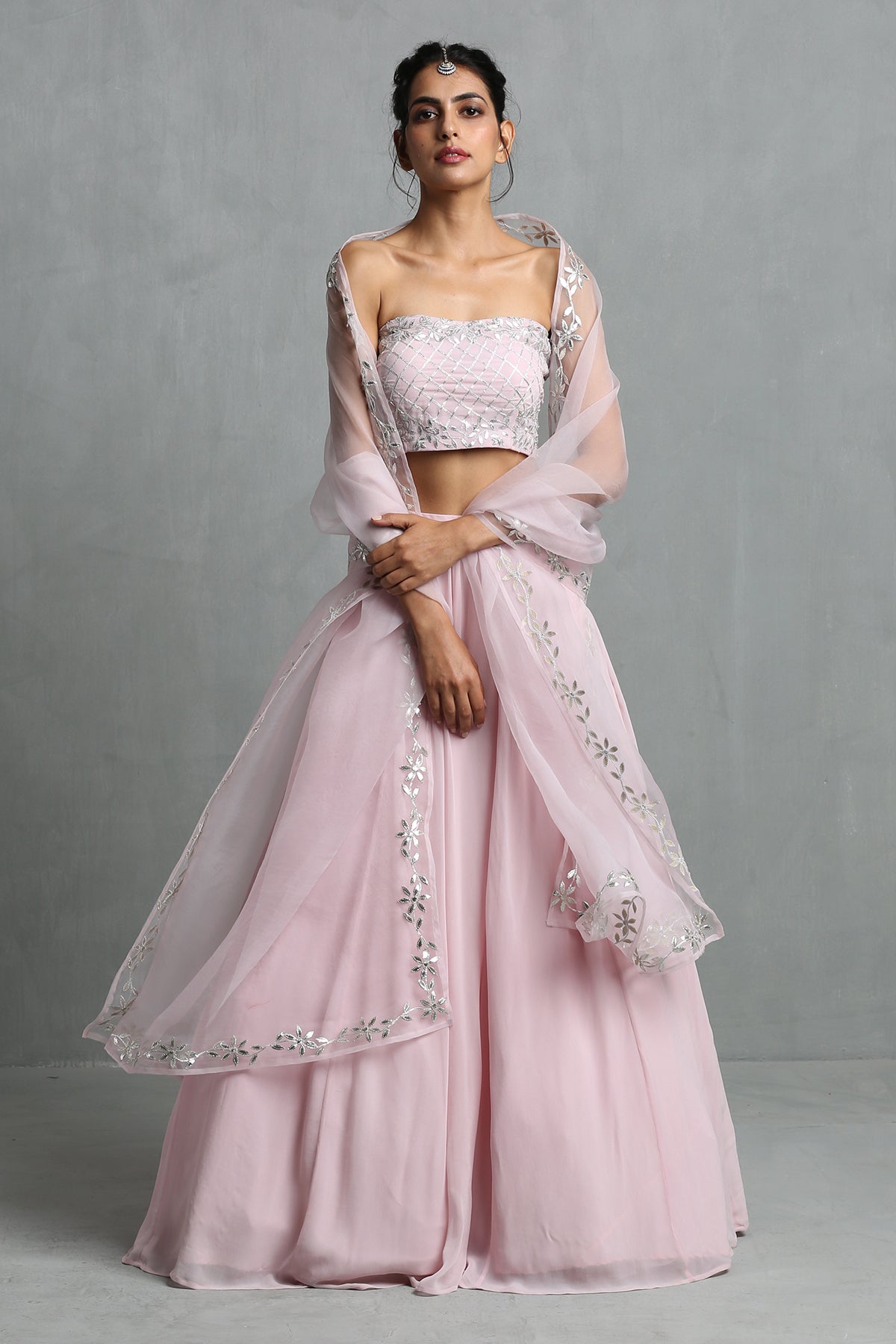 Blush Pink Crop Top, Skirt & Dupatta Set