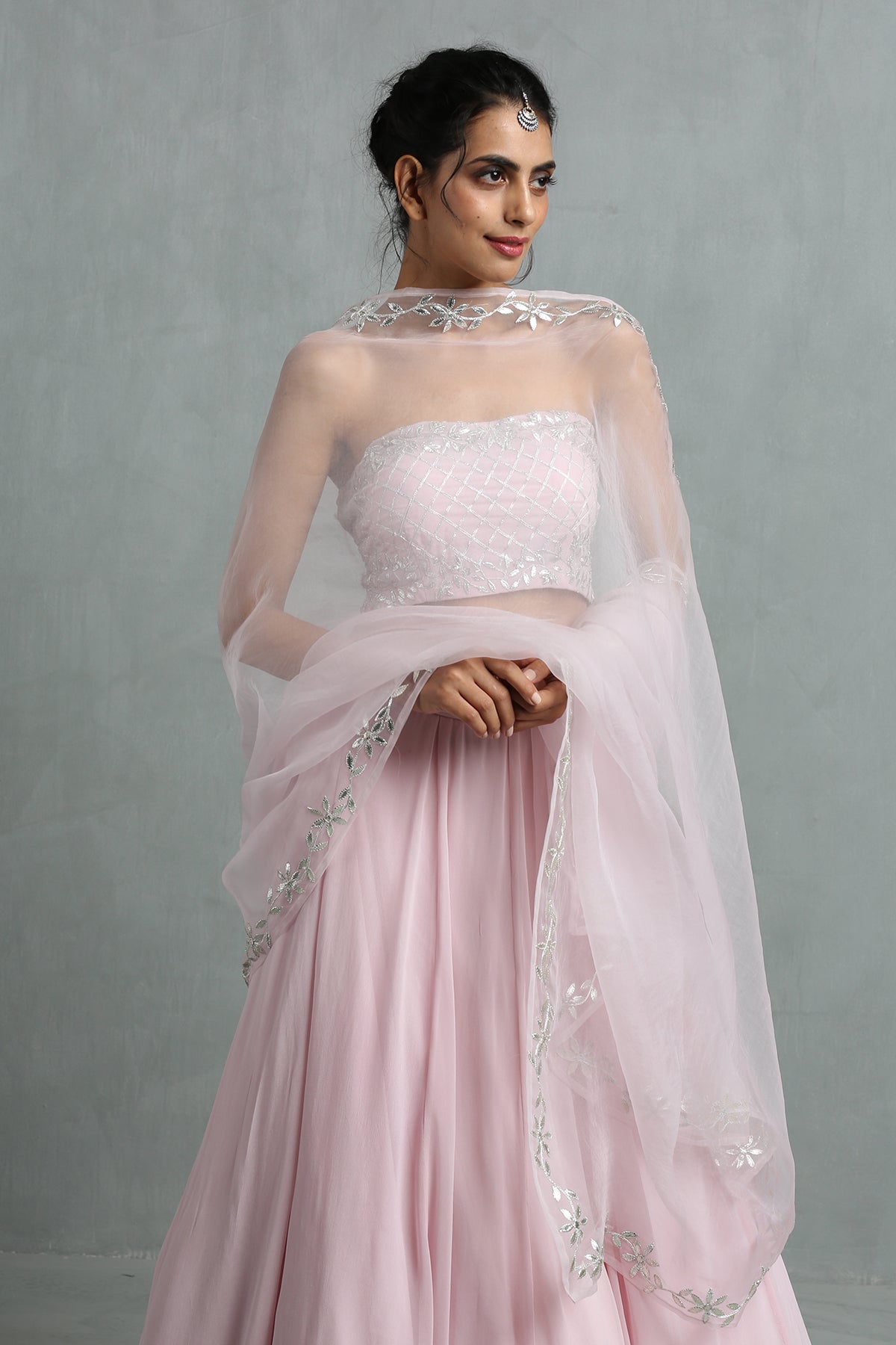 Blush Pink Crop Top, Skirt & Dupatta Set