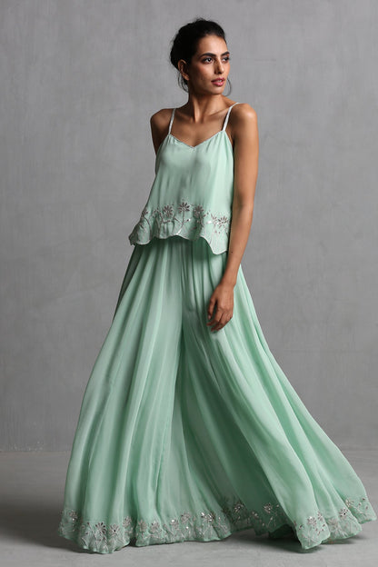 Mint green Spaghetti Crop Top & plazzo Set