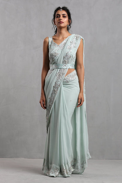 Ice Blue Gota Work Organza Draped Saree