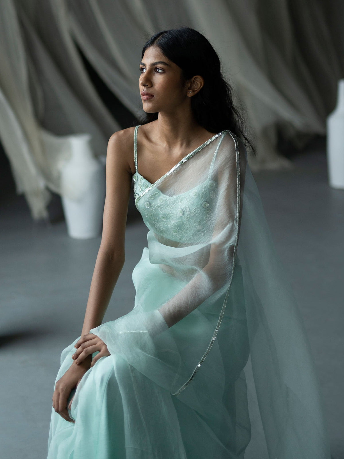 Noor Mint Green Organza Saree Set