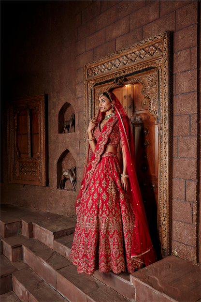 Cardinal Red Raw Silk Lehenga Set