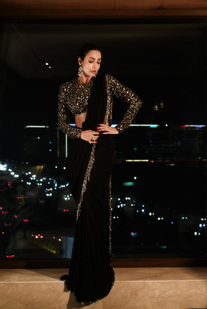 MALAIKA ARORA in Black Georgette Tassel Saree