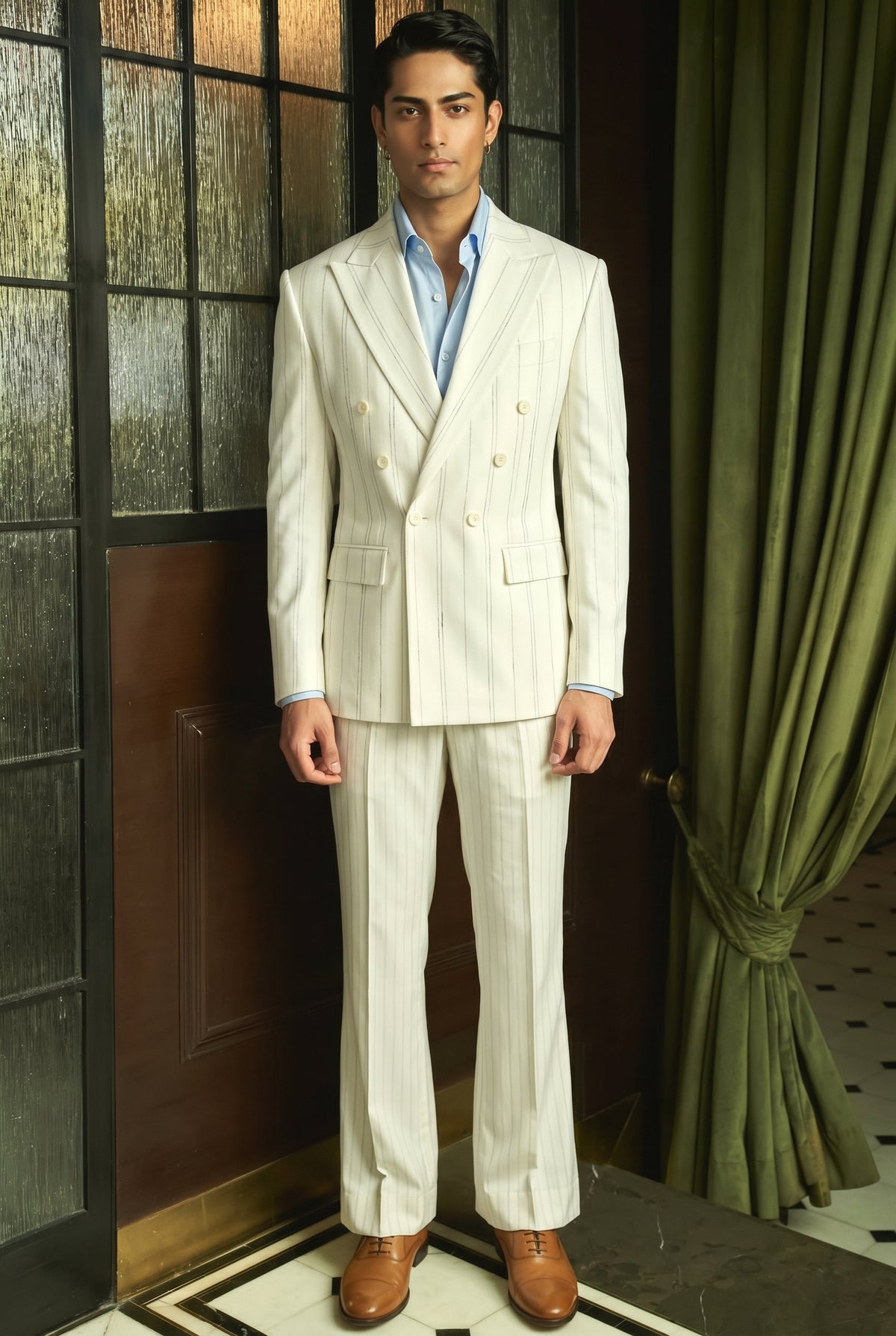 Ivory Double-Breasted Pinstripe Suit