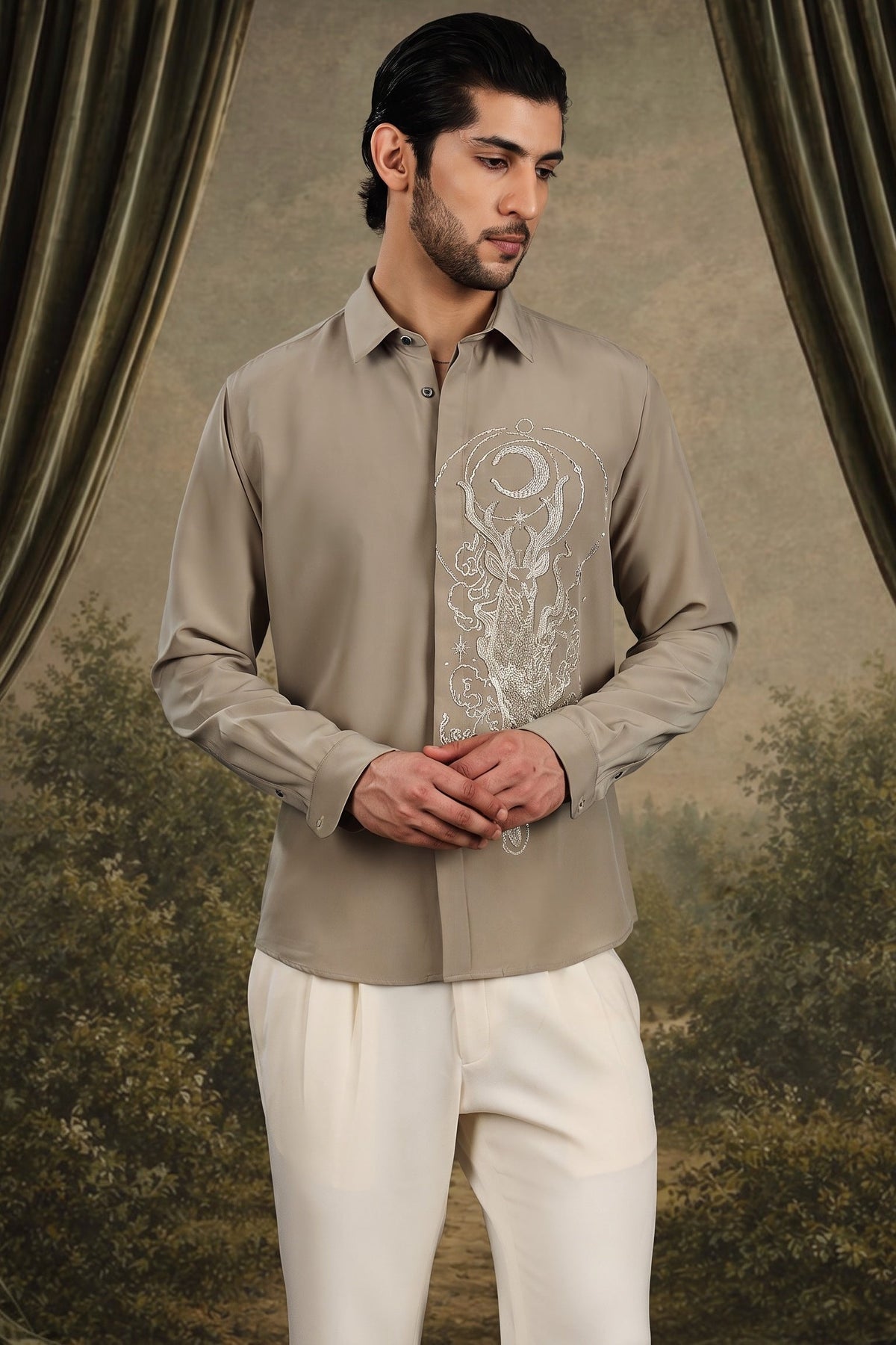Beige Celestial Stag Embroidered Shirt