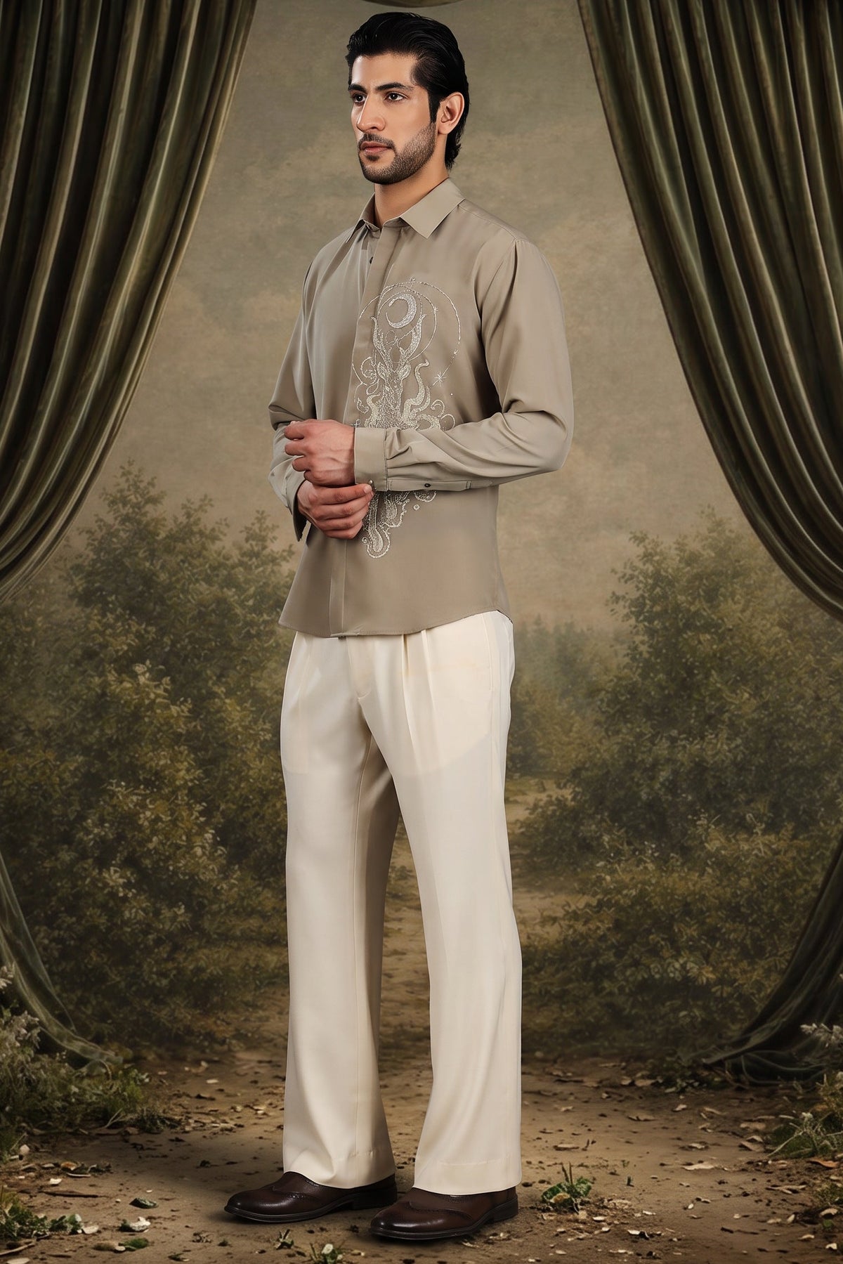 Beige Celestial Stag Embroidered Shirt