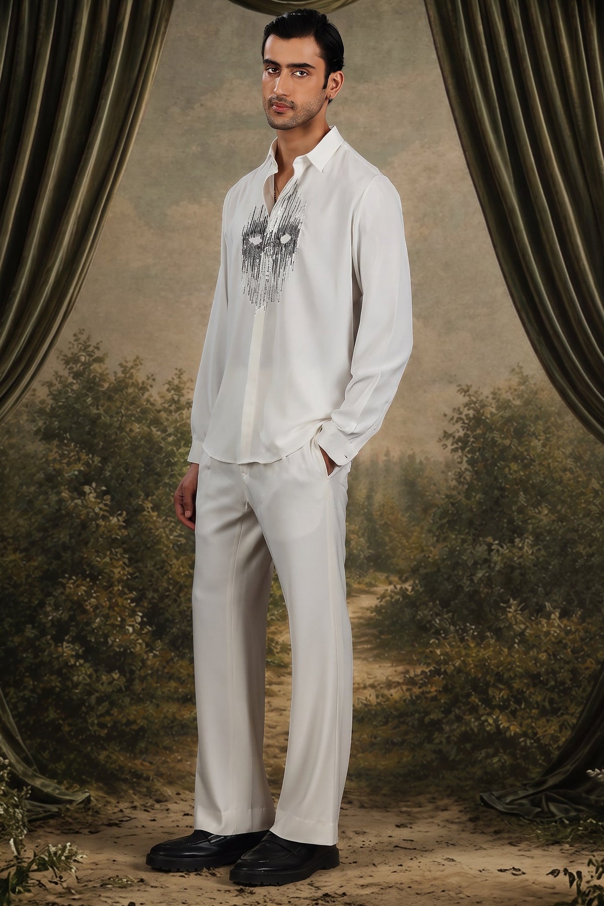 White Abstract Mask Beaded Shirt