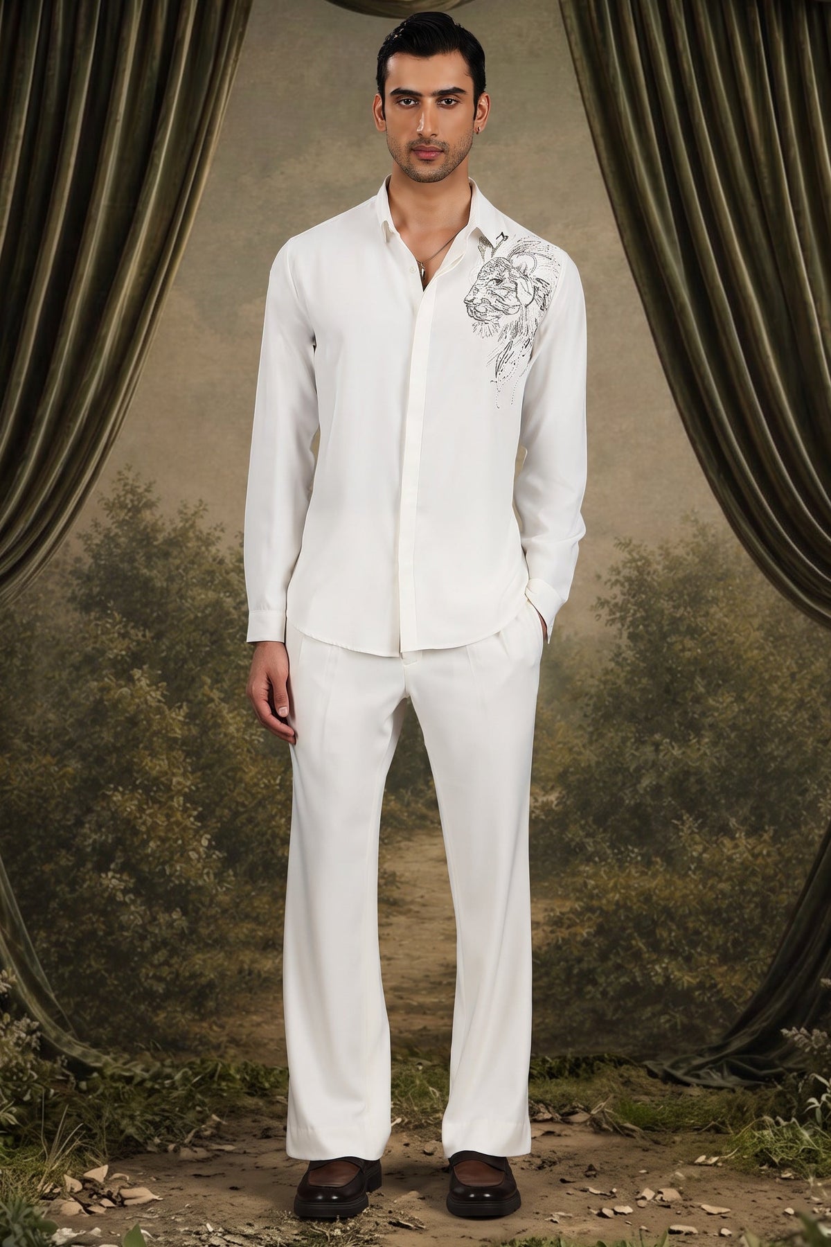 White Lion Head Embroidered Shirt