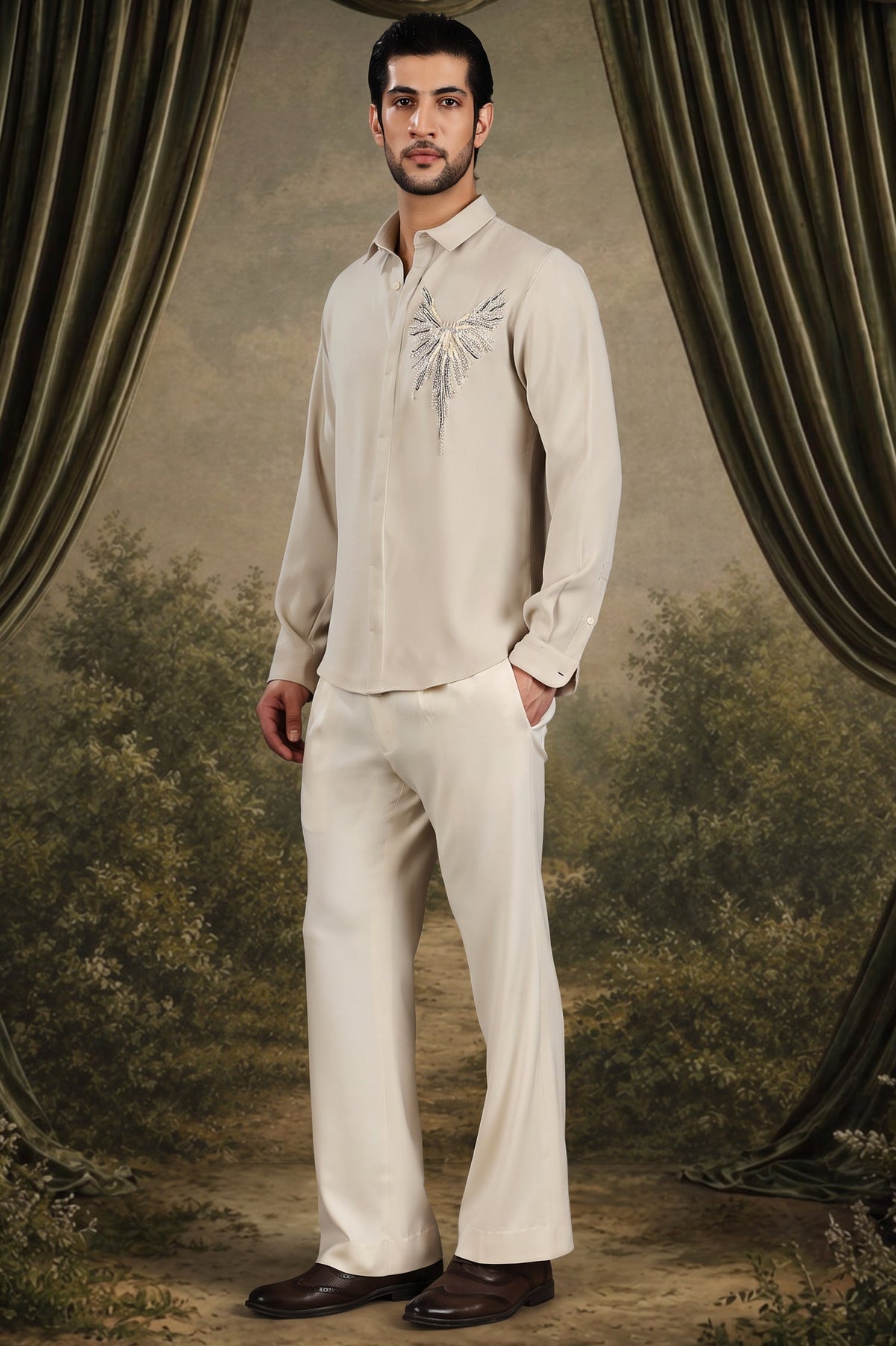 Cream Phoenix Wing Embellished Shirt
