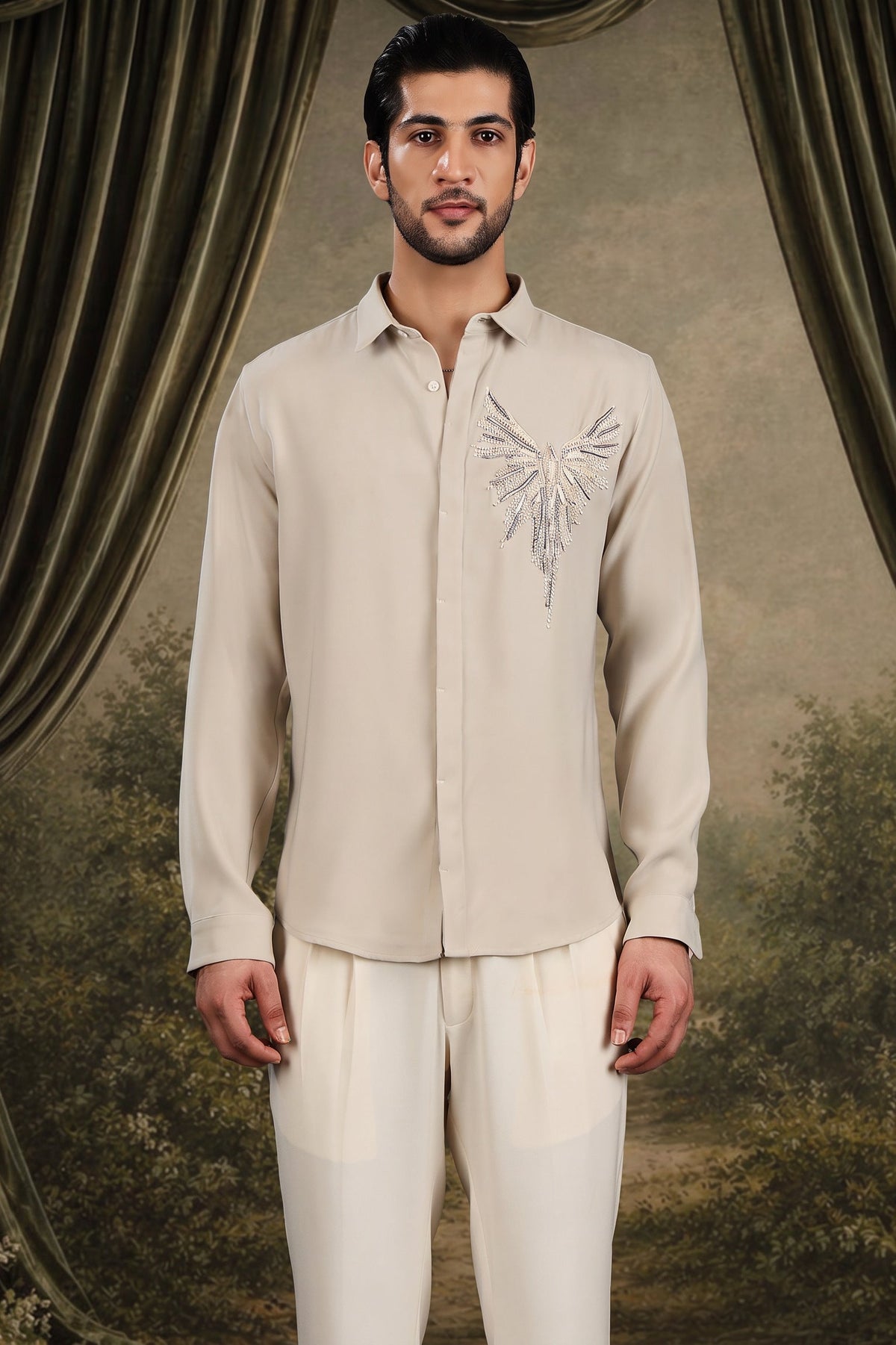 Cream Phoenix Wing Embellished Shirt