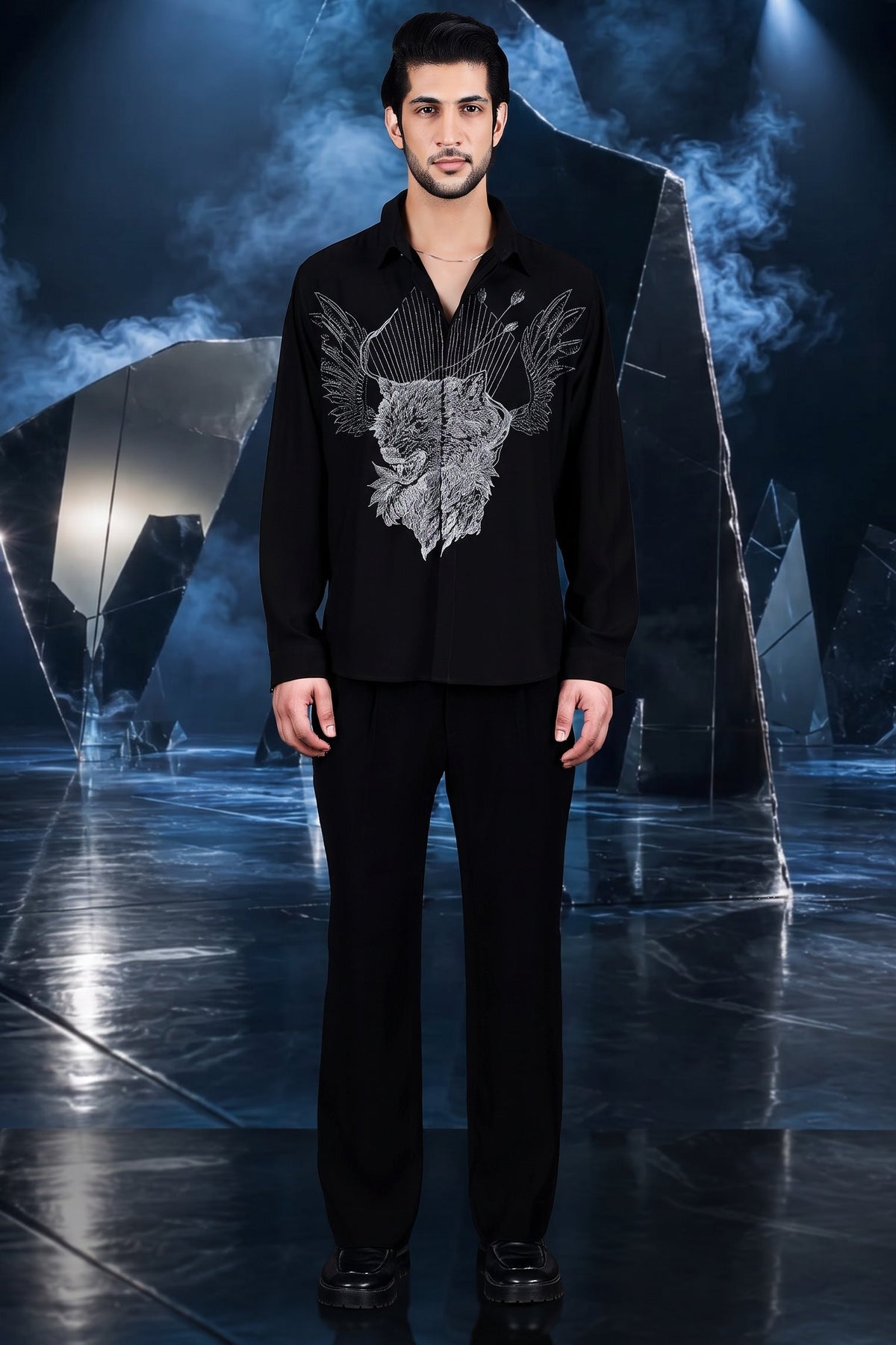 Black Winged Wolf Embroidered Shirt