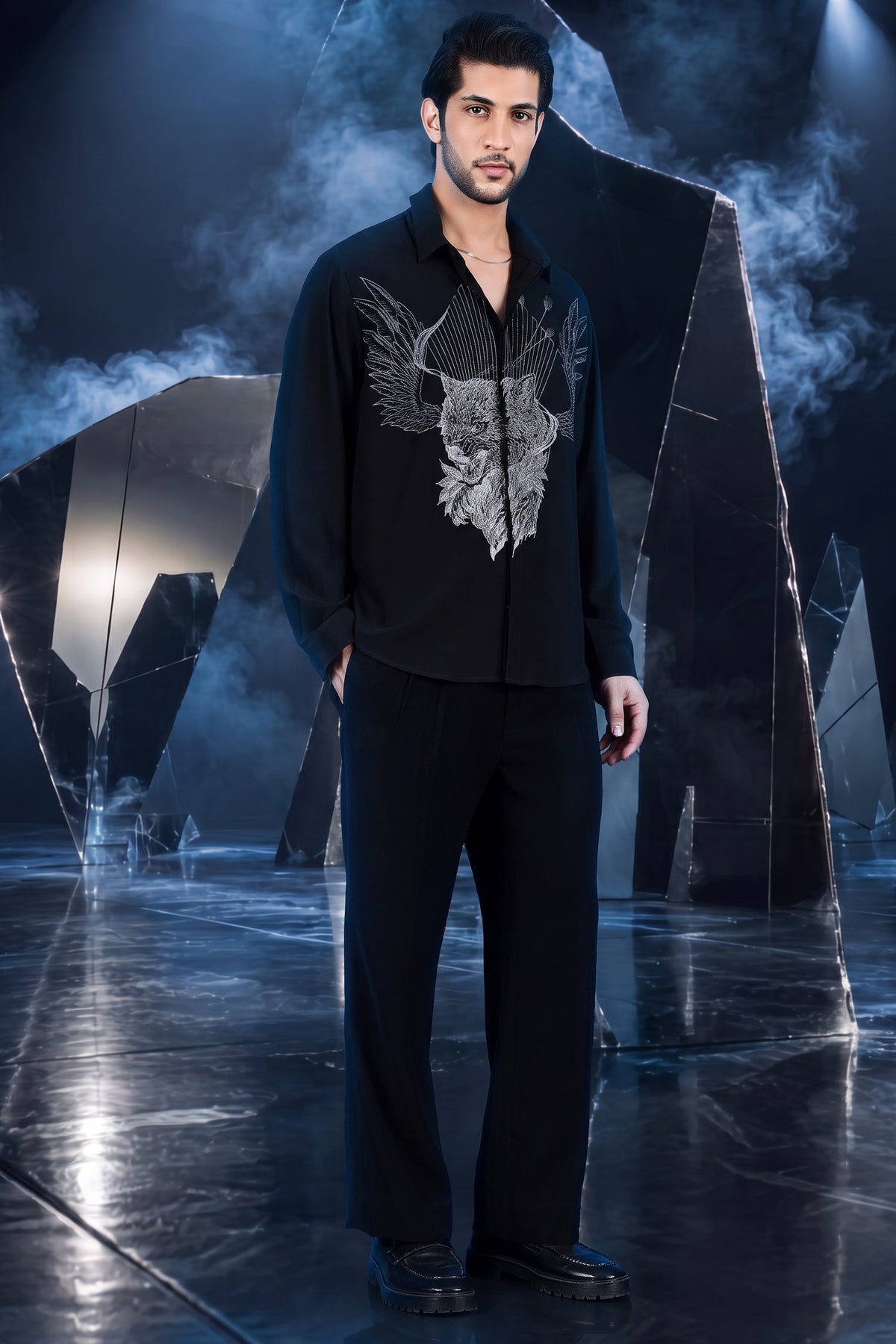 Black Winged Wolf Embroidered Shirt