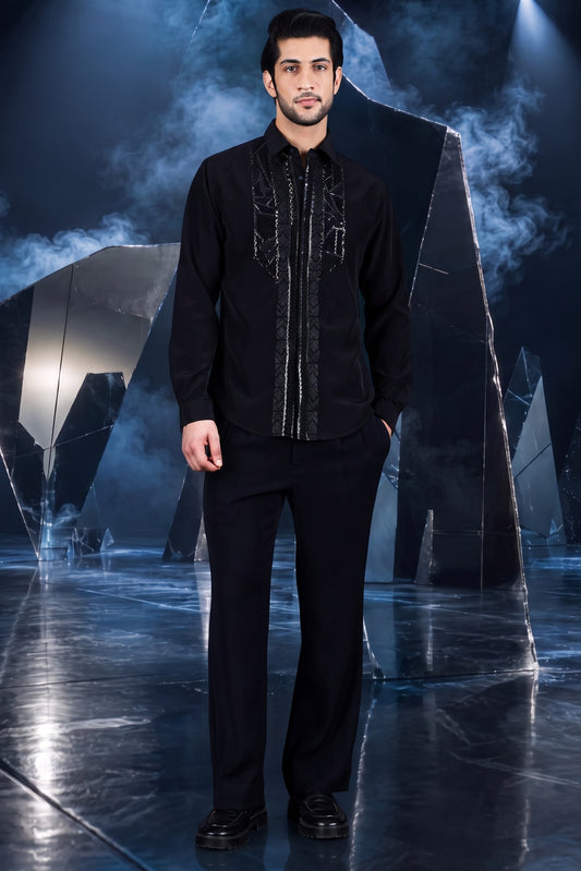 Black Geometric Panel Embellished Shirt