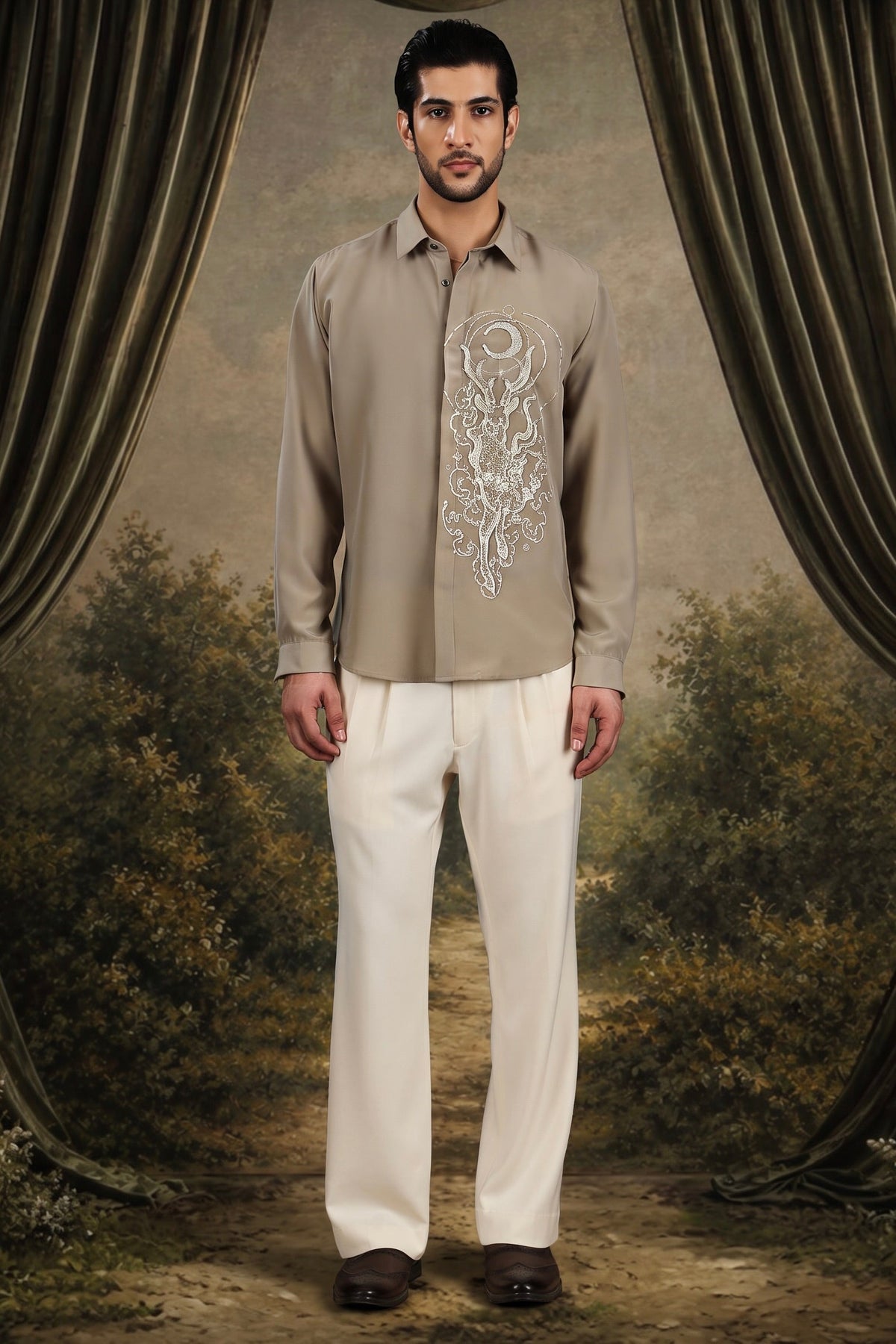 Beige Celestial Stag Embroidered Shirt