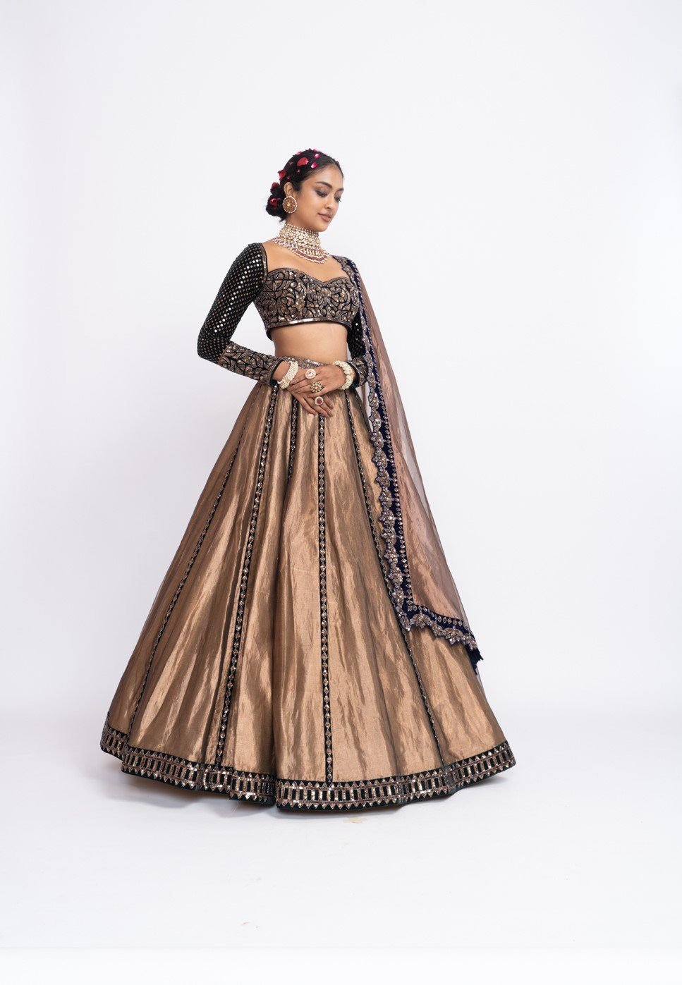 Deep Green Copper Tissue Lehenga Set