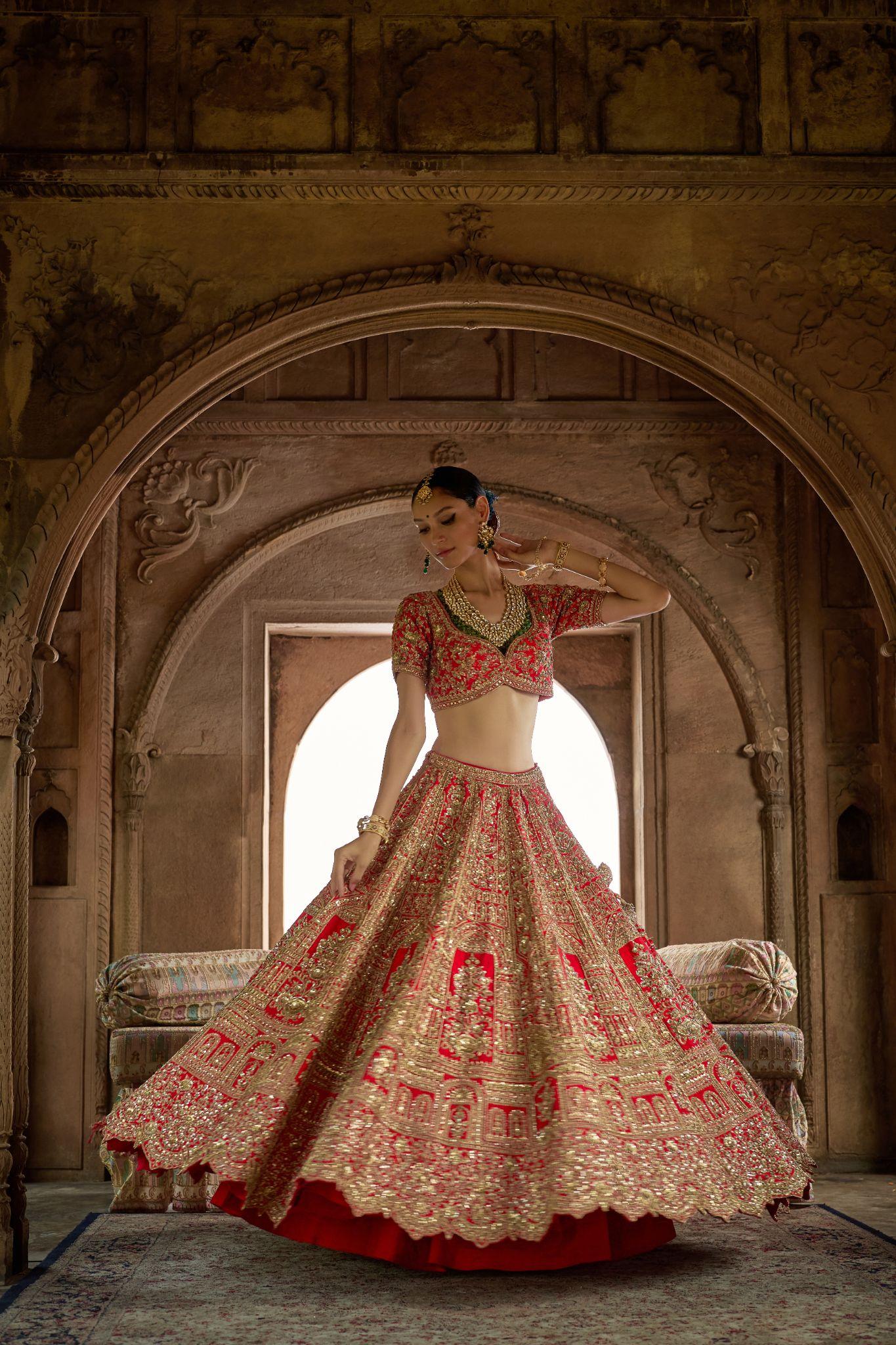 Red Raw Silk Zari Hand & Machine Embroidered Lehenga Set