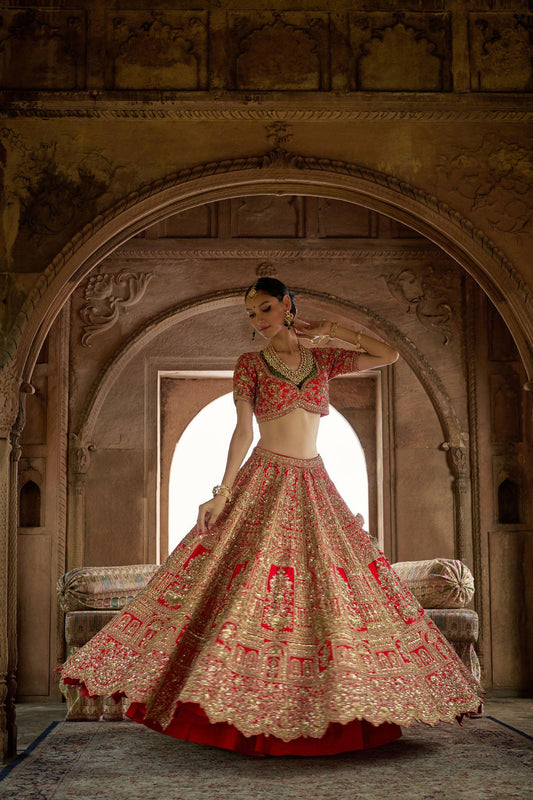 Red Raw Silk Zari Hand & Machine Embroidered Lehenga Set