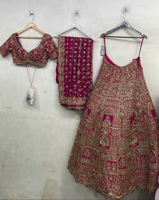 Rani Pink Raw Silk Zari Hand & Machine Embroidered Lehenga Set