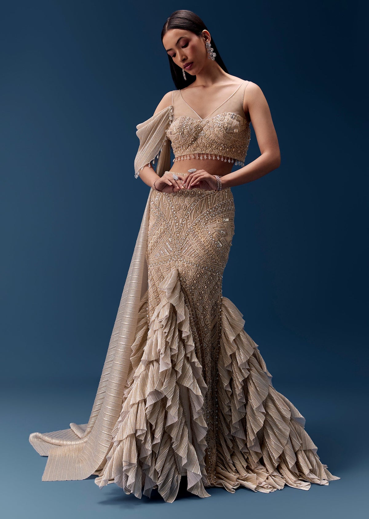 Gold Draped Lehenga With Embellished Blouse