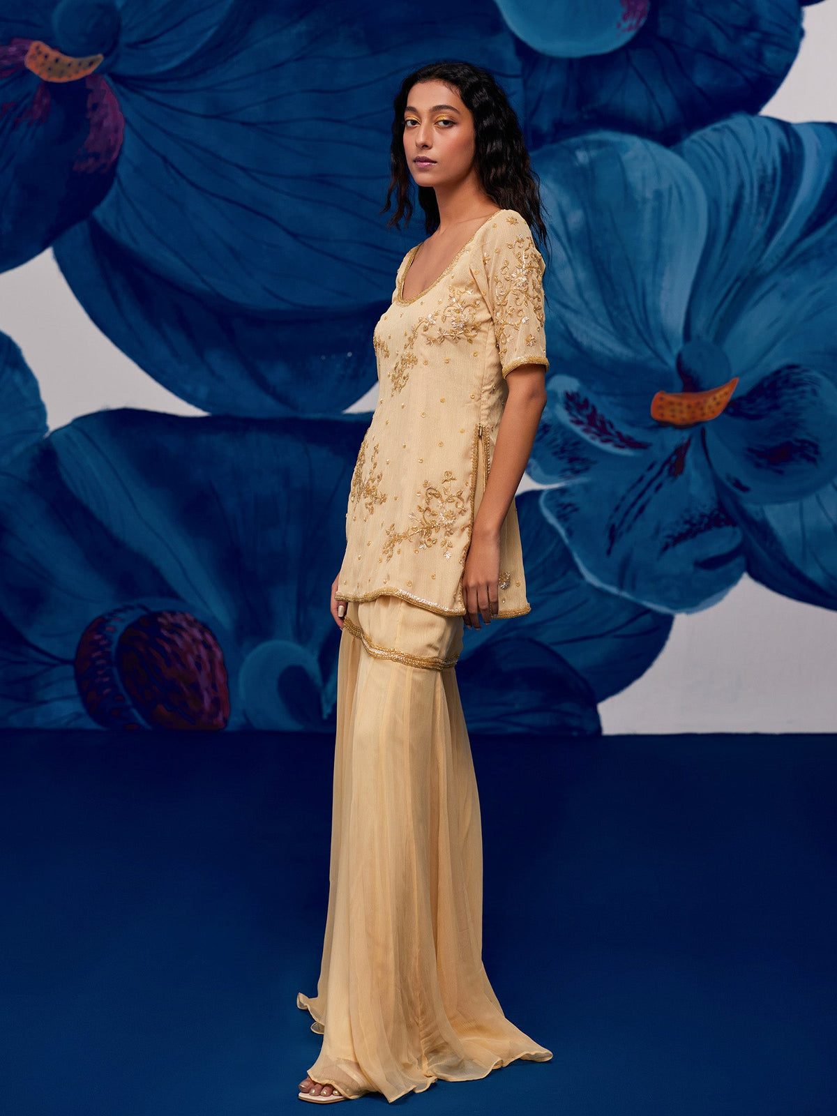 Floral Golden Sharara Set