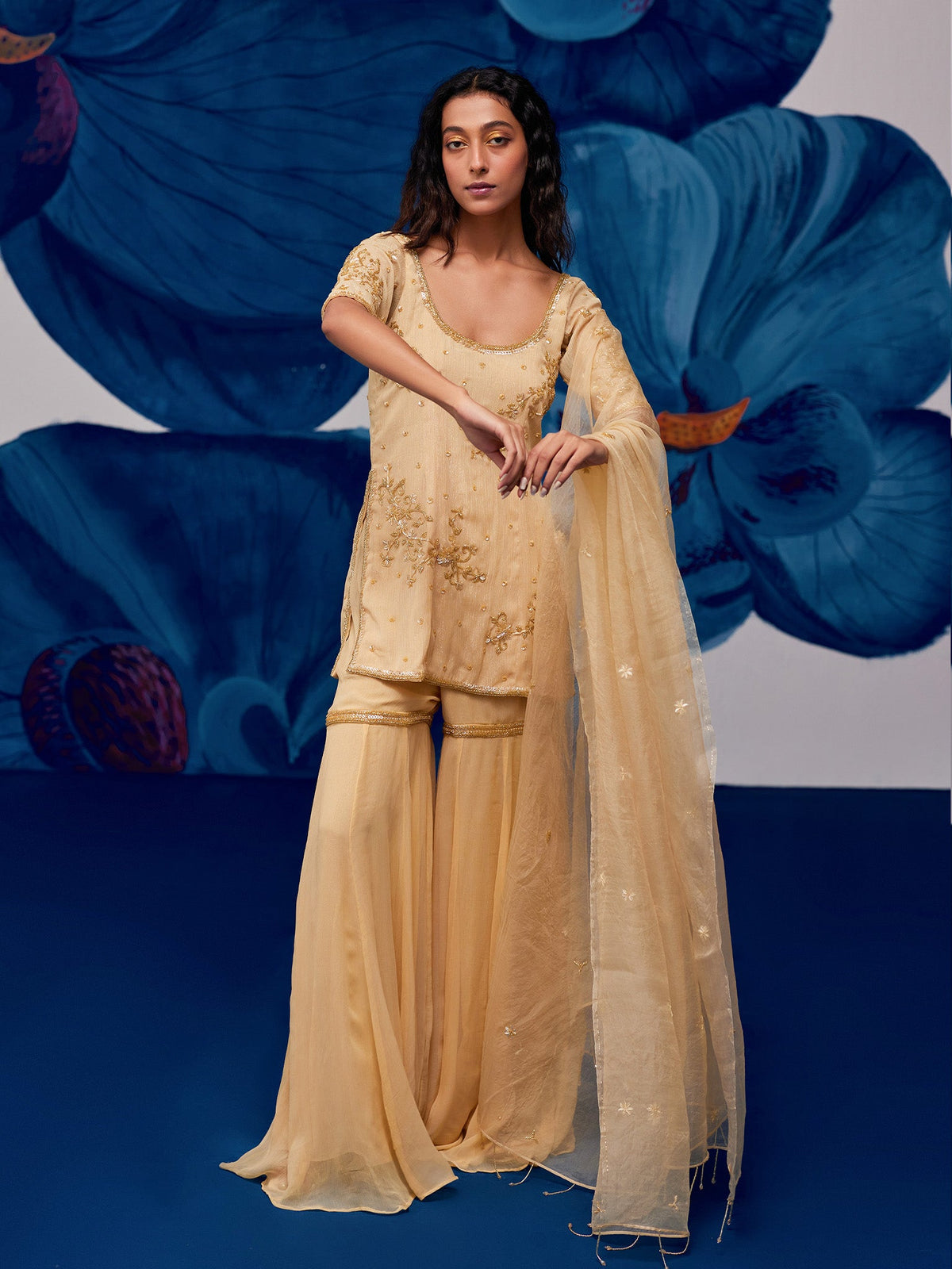 Floral Golden Sharara Set