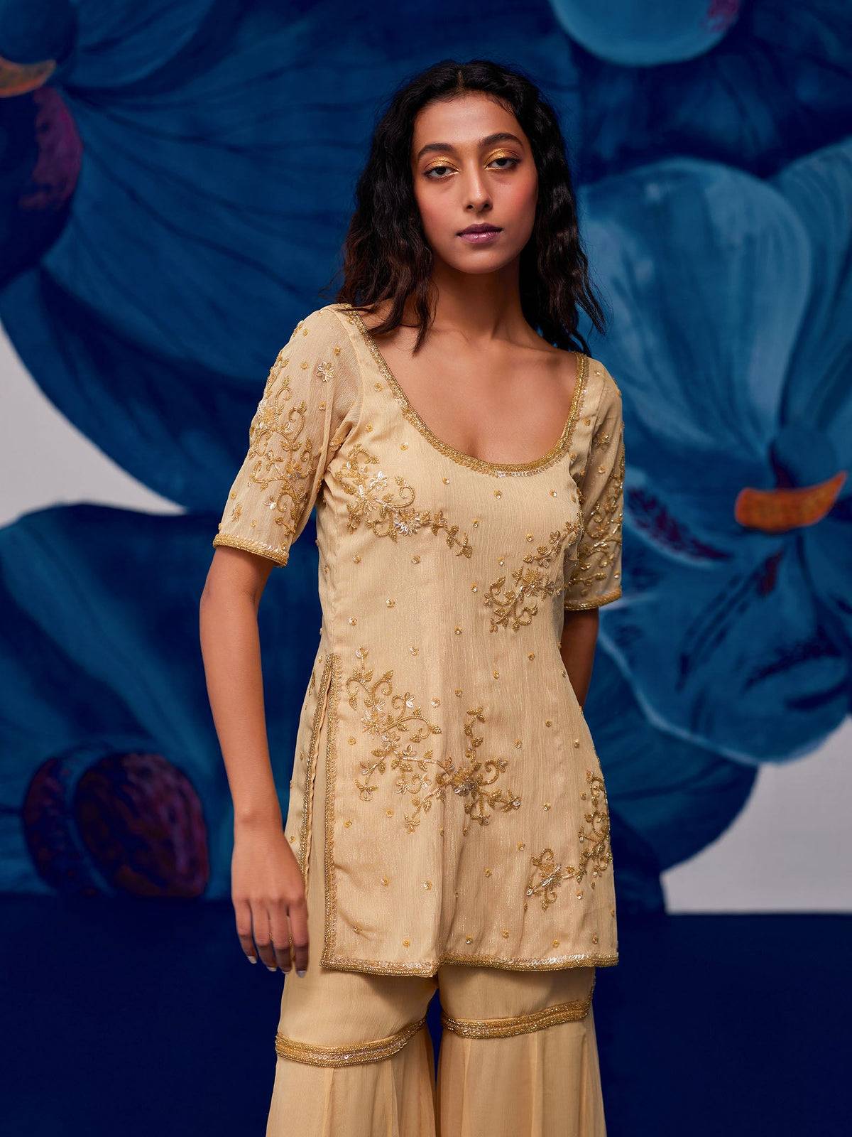 Floral Golden Sharara Set