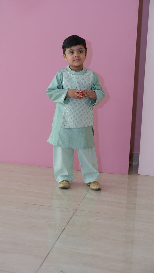 Sea Green Mirror Work Chanderi Kurta with Pants