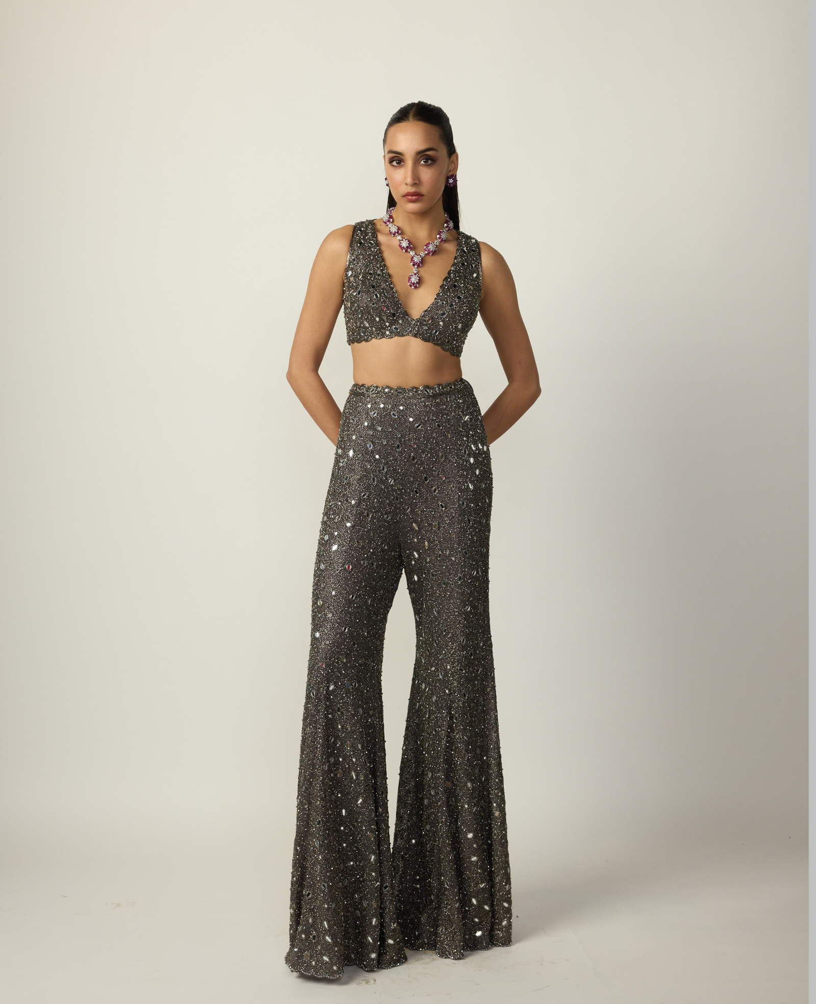 Metallic Grey Blouse Sharara Pant Set