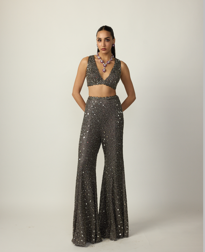 Metallic Grey Blouse Sharara Pant Set
