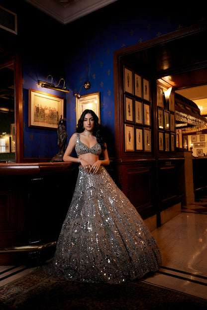 grey lehenga surabhi chopra label