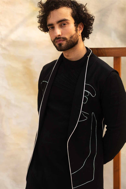 Handpainted Black Open Nehru Jacket