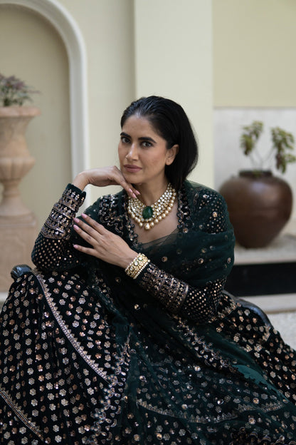 Mahnoor Deep Green Floral Lehenga Set (ALISHA PEKHA)