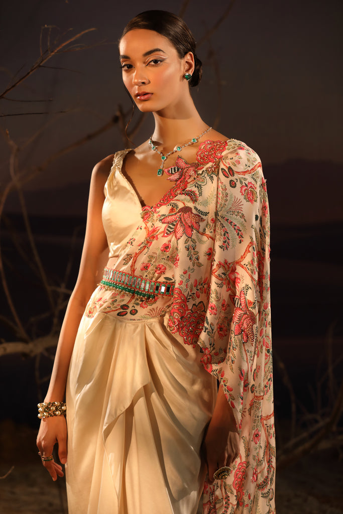 Designer Ivory Floral Satin Saree Set