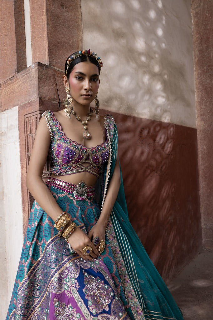 Women's Teal Bandhani Banarasi Lehenga Set 