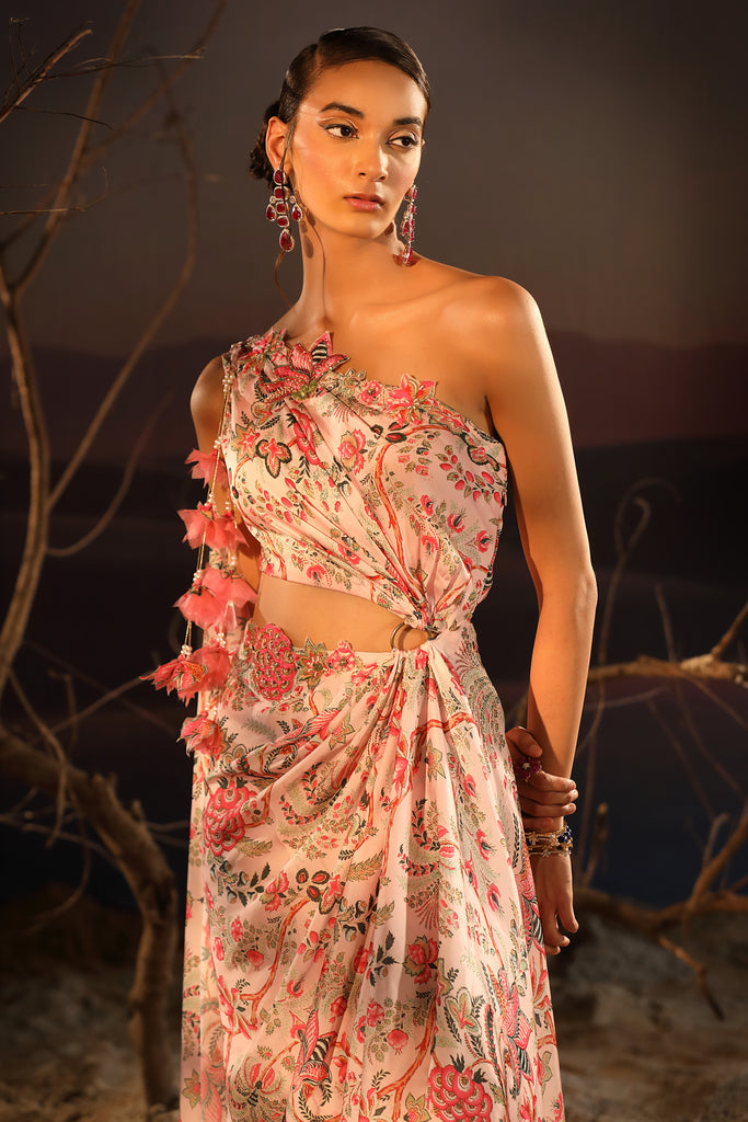Women's Powder Pink Asymmetrical Saree