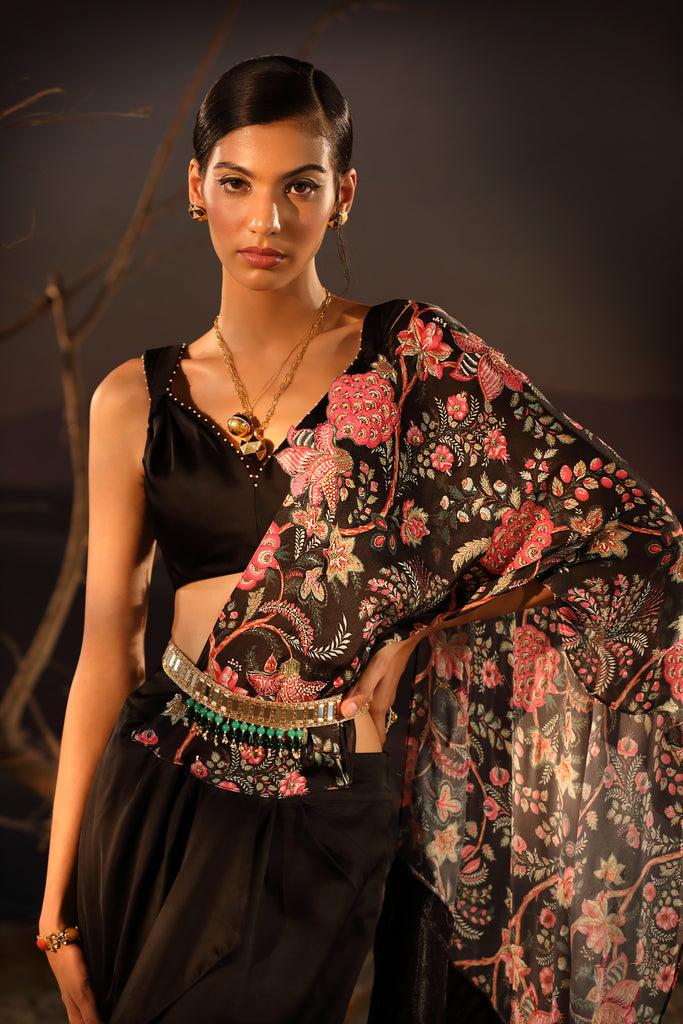 Women's Black Floral Printed Saree Set