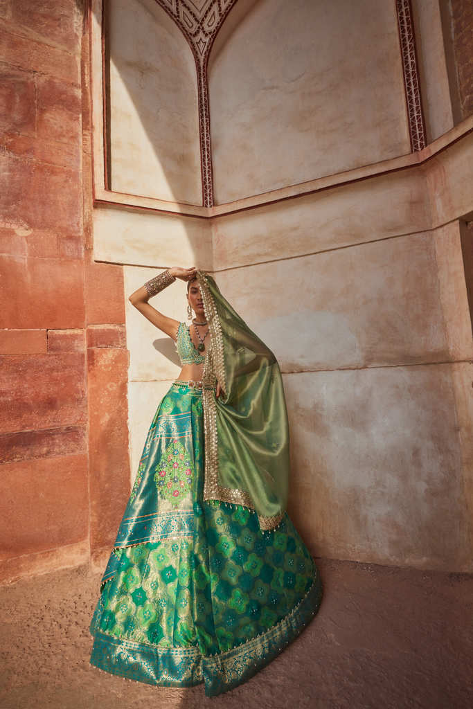 Women's Green Woven Banarsi Chanderi Lehenga