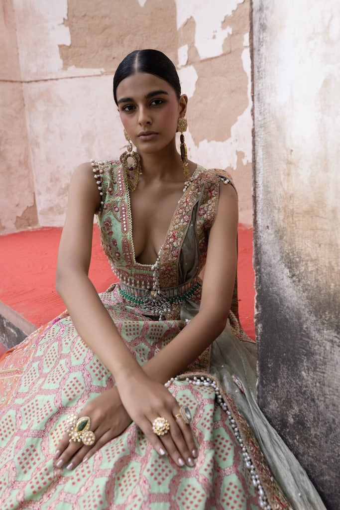  Pista Bandhani Banarasi Woven Lehenga Set