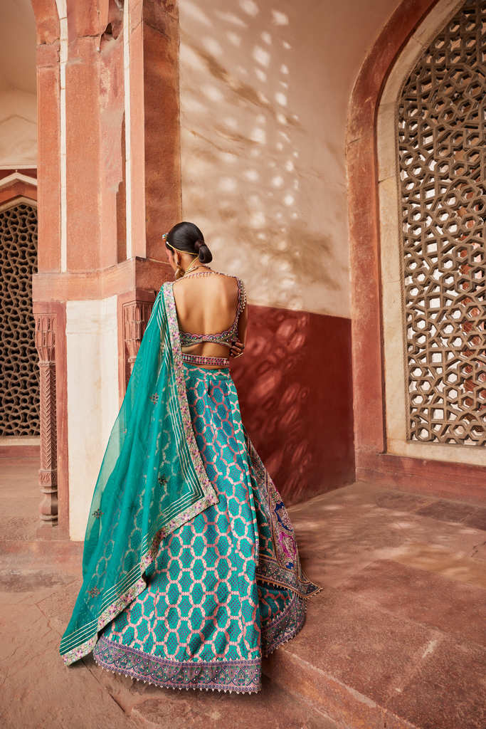 Women's Teal Bandhani Banarasi Lehenga Set  backside
