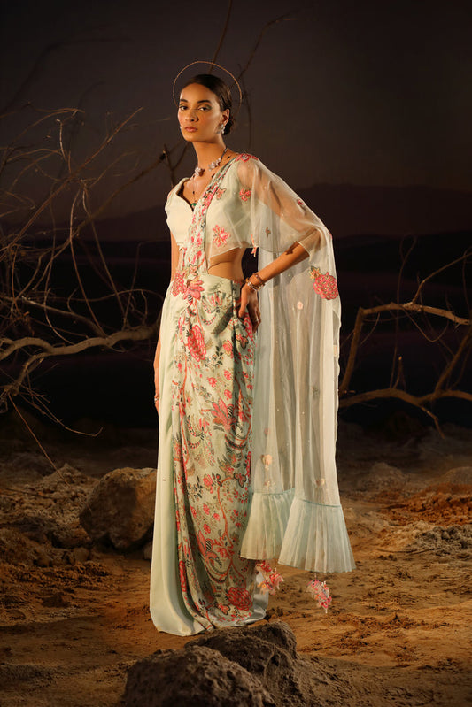 Women's Powder Blue Draped Organza Palla Saree