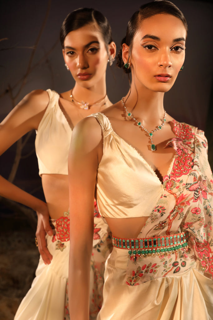 Designer Ivory Floral Satin Saree Set