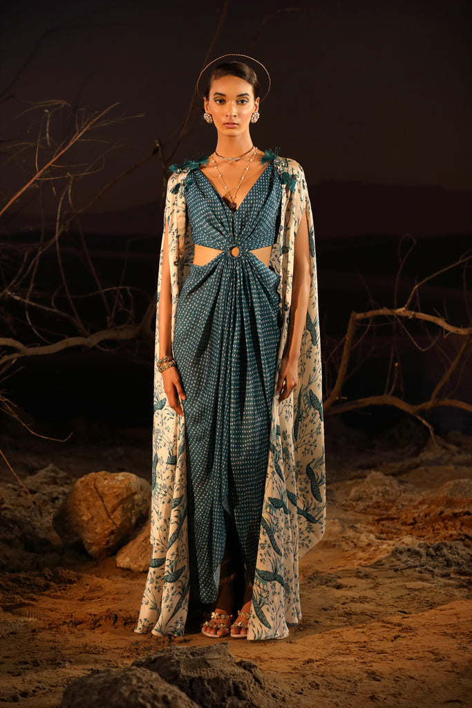 Women's Teal Blue Bandhni Dress With Cape