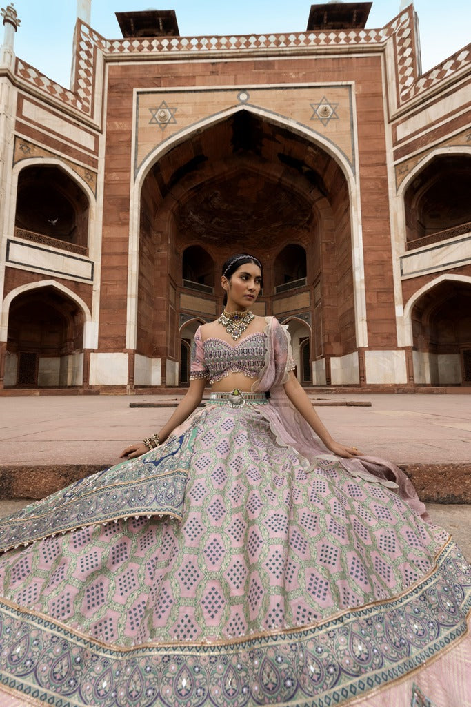 Women's Powder Pink Bandhani Banarasi Lehenga