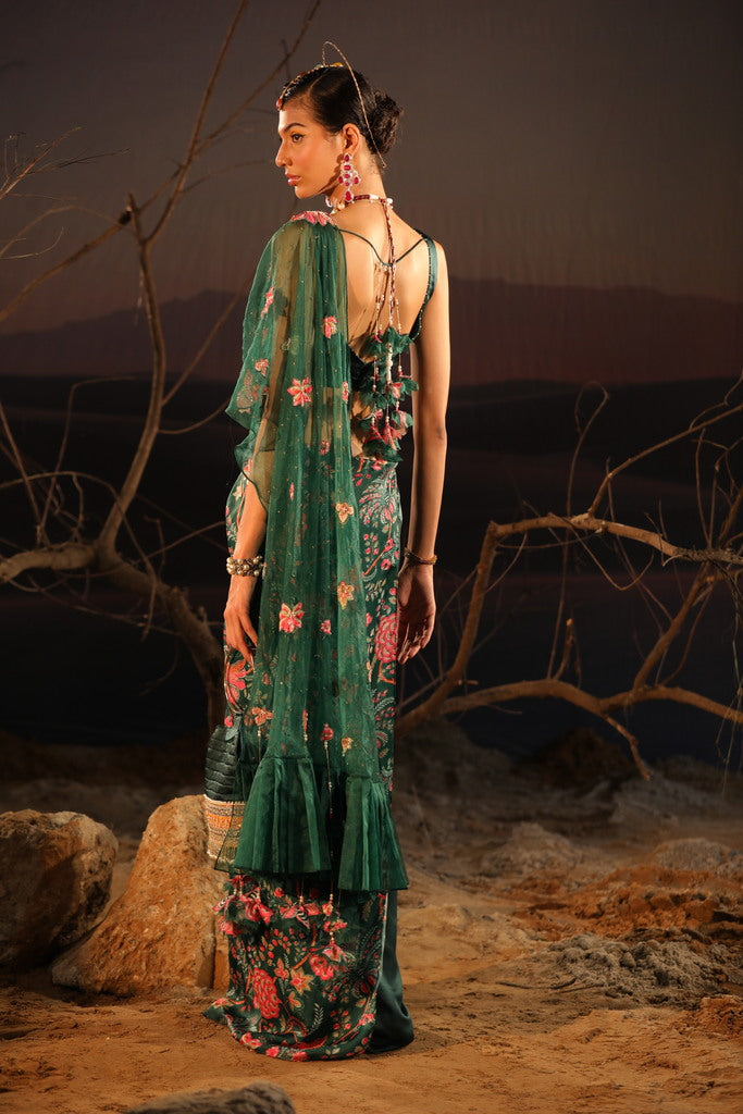 Women's Designer Green Floral Saree Set