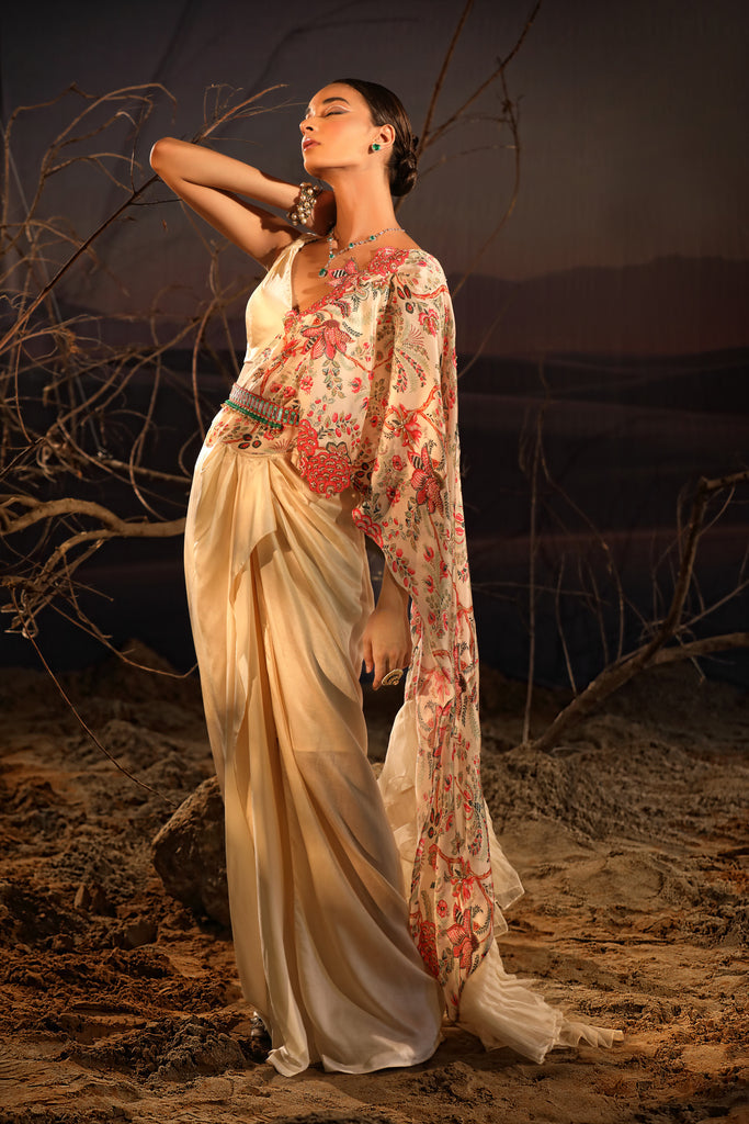 Designer Ivory Floral Satin Saree Set